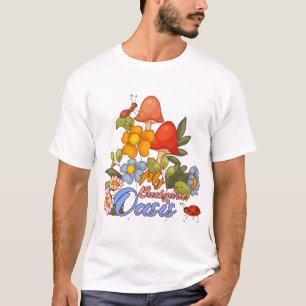 Camiseta Jardim Oásis Arte de Cogumelo Retro no Quintal