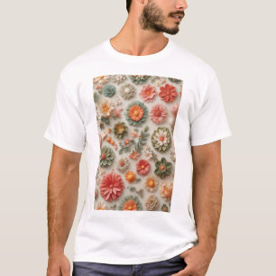 Camiseta Jardim Pastel: Lay Floral Flat 3D artesanal
