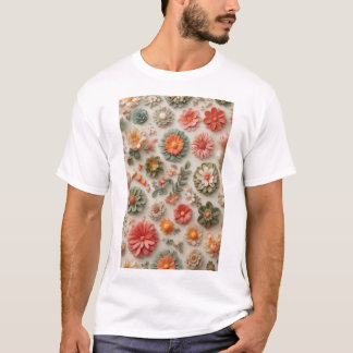Camiseta Jardim Pastel: Lay Floral Flat 3D artesanal