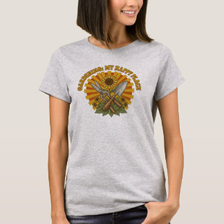 Camiseta Jardinagem Retro Meu Lugar Feliz Explosão de Sol V