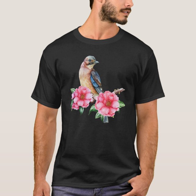 Camiseta Jay Bird Em Pink Camellia Flor Blossom Aves Wa (Frente)