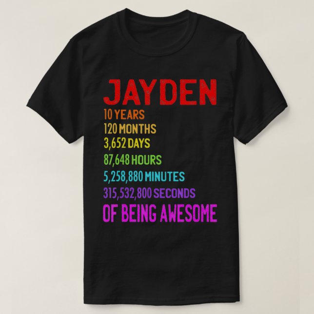 Camiseta Jayden 10º aniversário 10 anos 120 meses 3652 dias (Frente do Design)