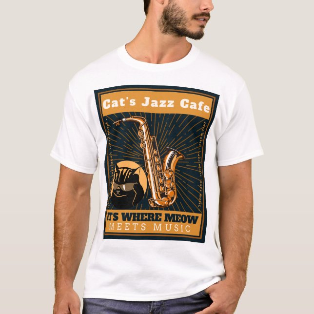 Camiseta Jazz Cat Cafe - saxofone de gato realizando saxofo (Frente)