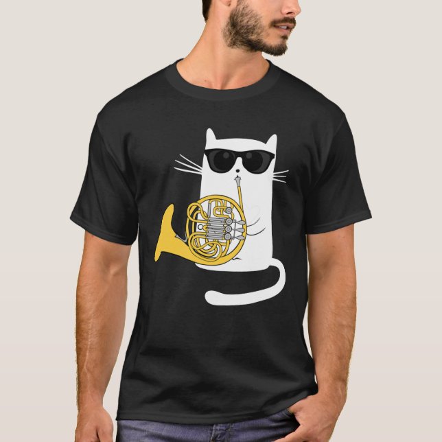 Camiseta Jazz Cat Playing French Horn - Cool Smooth T-Shirt (Frente)