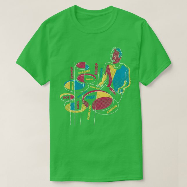 Camiseta Jazz Drummer com Jazz Genres (Frente do Design)