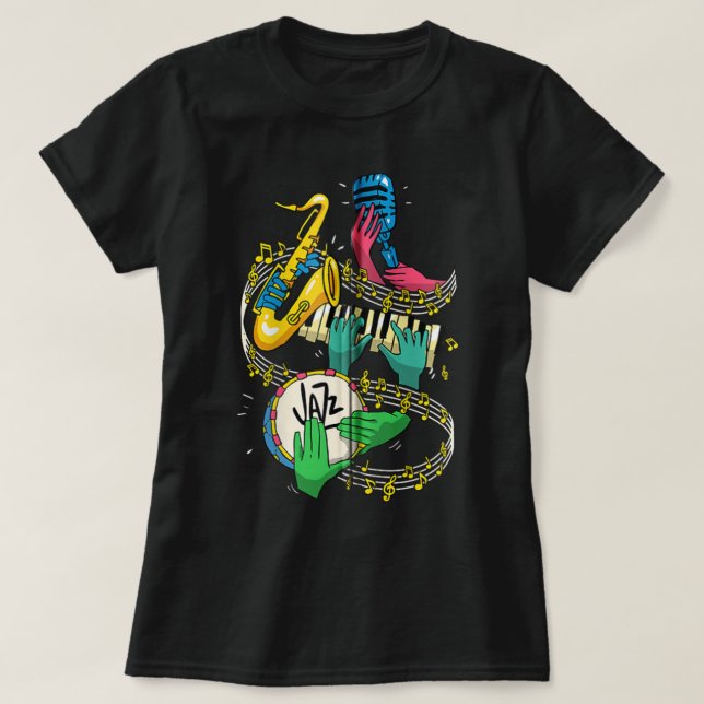 Camiseta Jazz Mão Saxofone Jogador Musical Alojador Zip (Frente do Design)