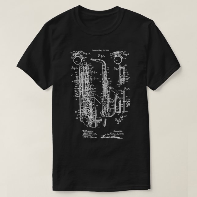 Camiseta Jazz Saxophone Vintage Patent Impressão 1915 (Frente do Design)