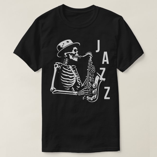 Camiseta Jazz Skeleton toca saxofone (Frente do Design)