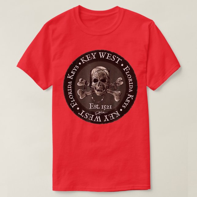 Camiseta JCombs Key West, FL, Caveira Pirata e Crossbones (Frente do Design)