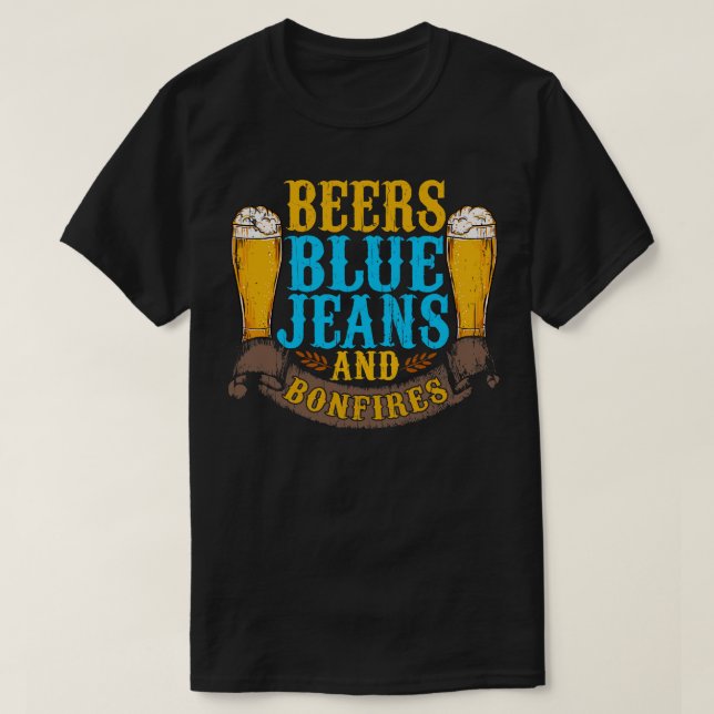 Camiseta Jeans Azuis De Cerveja E Incêndios (Frente do Design)