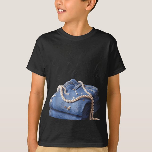 Camiseta Jeans E Pérolas Para Mulheres 2025 Jean Com Pérola (Frente)