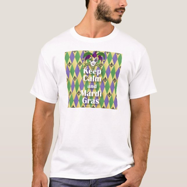 Camiseta Jester Mask Keep Calm e Mardi Gras (Frente)