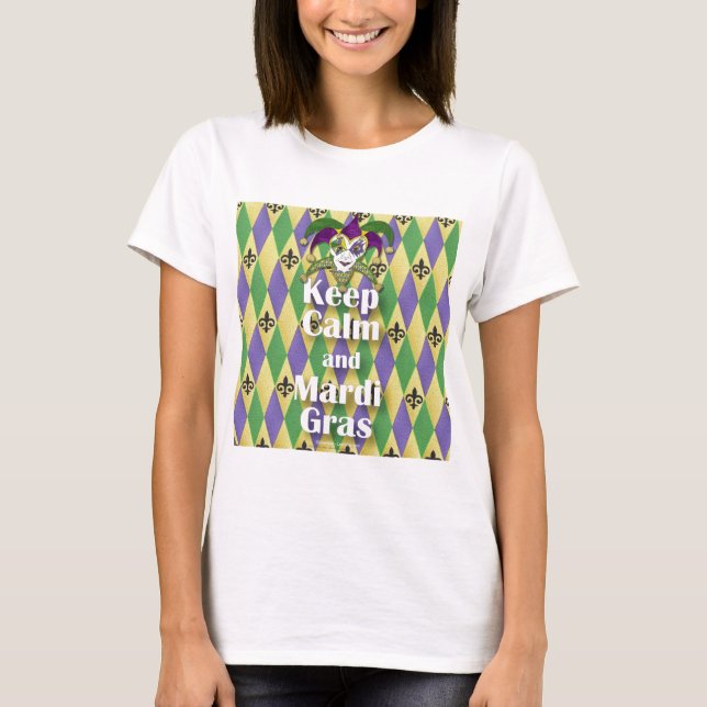 Camiseta Jester Mask Keep Calm e Mardi Gras (Frente)