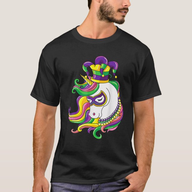 Camiseta Jester Rainbow Unicorn . Design Mardi Gras Mask Co (Frente)