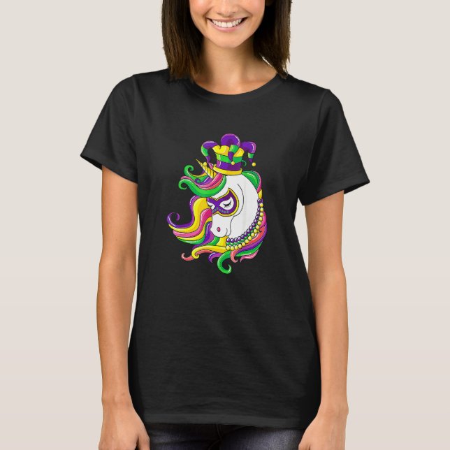 Camiseta Jester Rainbow Unicorn Design Mardi Gras Mask Cost (Frente)