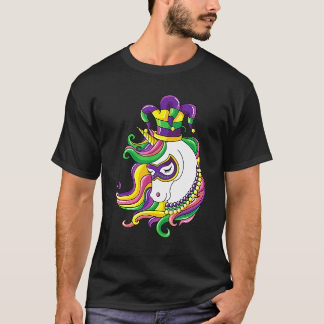 Camiseta Jester Rainbow Unicorn Mardi Gras Mask Costume (Frente)
