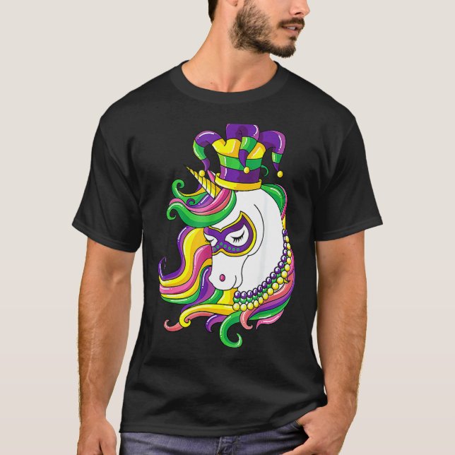 Camiseta Jester Rainbow Unicorn Mardi Gras Mask Costume (Frente)