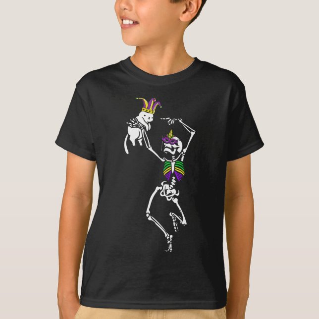 Camiseta Jester Skeleton Dançando Cat Mardi Gras Mask Carni (Frente)