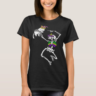 Camiseta Jester Skeleton Dançando Cat Mardi Gras Mask Carni