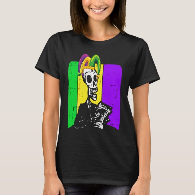 Camiseta Jester Skeleton Reading Book Mardi Gras Reader Boo (Frente)