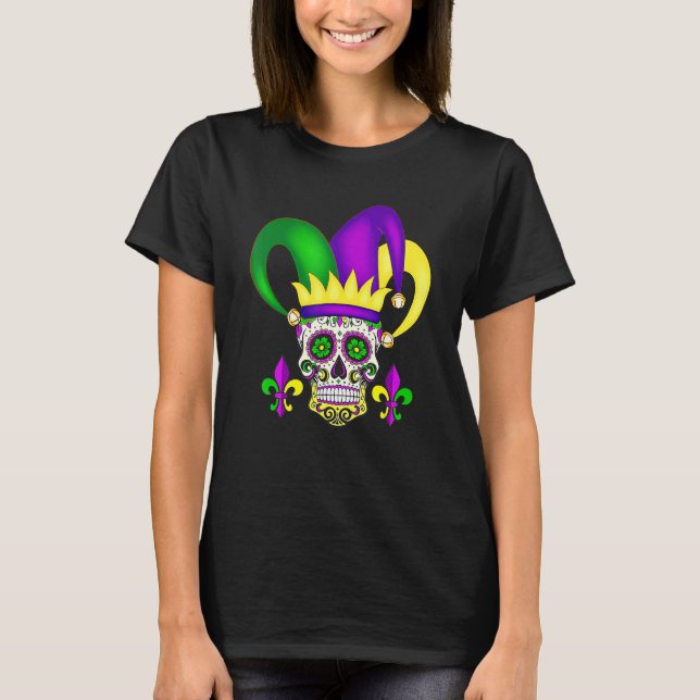 Camiseta Jester Sugar Skull Mardi Gras Party Men Women Kids (Frente)