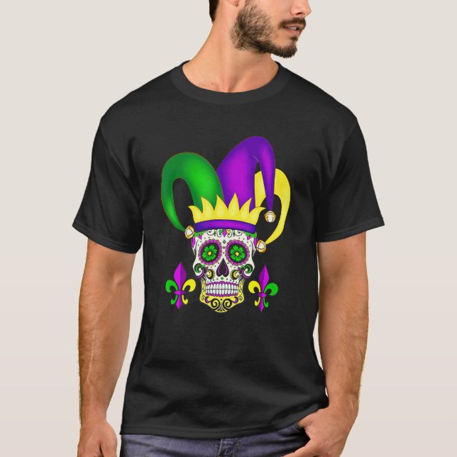 Camiseta Jester Sugar Skull Mardi Gras Party Men Women Kids (Frente)