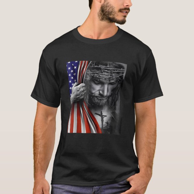 Camiseta Jesus 4 de julho bandeira americana Christian Fait (Frente)