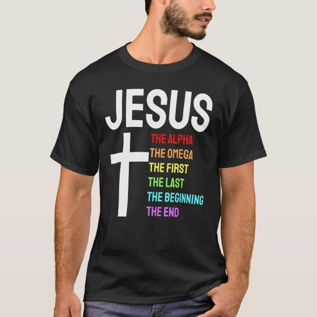 Camiseta Jesus Alpha Omega Primeiro Início Final Christi (Frente)