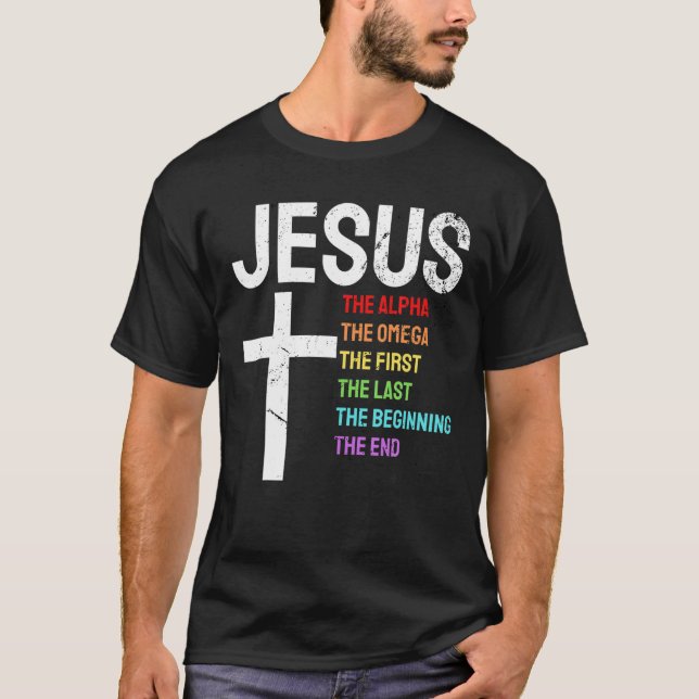 Camiseta Jesus Alpha Omega Primeiro Início Final Christi (Frente)