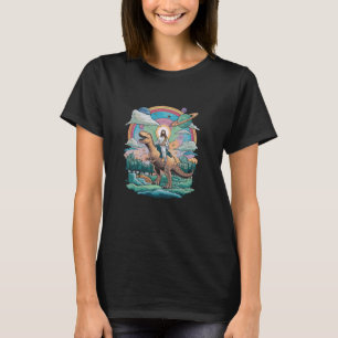 Camiseta Jesus Andando no Espaço T-Rex Dinossauro Meme Sci-