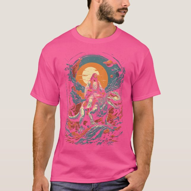 Camiseta Jesus Andando No Espaço T-Rex Dinossauro Meme Sci- (Frente)