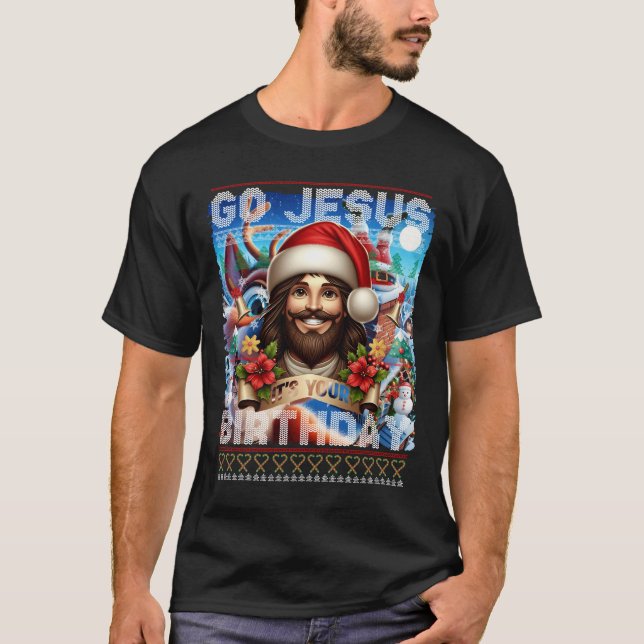 Camiseta Jesus Birthday Ugly Sweater Knitting Religious (Frente)