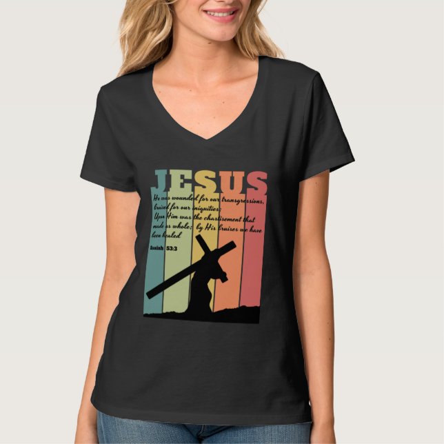 Camiseta JESUS carrying cross Bible quote Isaiah 533 retro  (Frente)