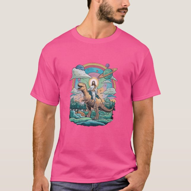 Camiseta Jesus Cavalgando no Meme de Dinossauro T-Rex Espac (Frente)