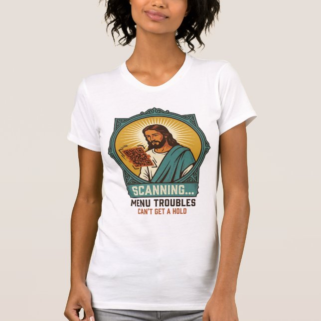 Camiseta Jesus Código QR Borroso Não Funciona Menu Humor Té (Frente)