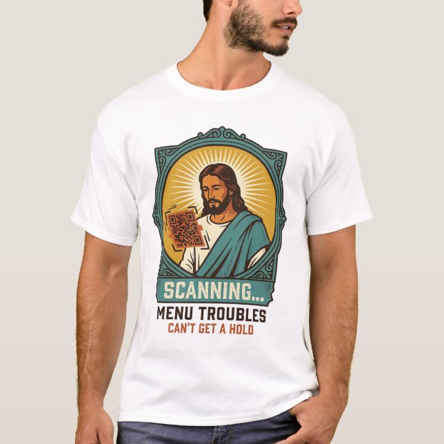Camiseta Jesus Código QR Borroso Não Funciona Menu Humor Té (Frente)