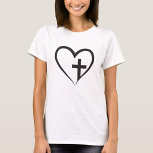 Camiseta Jesus Cristo. Cruz coração. Desenho de Fé Cristã