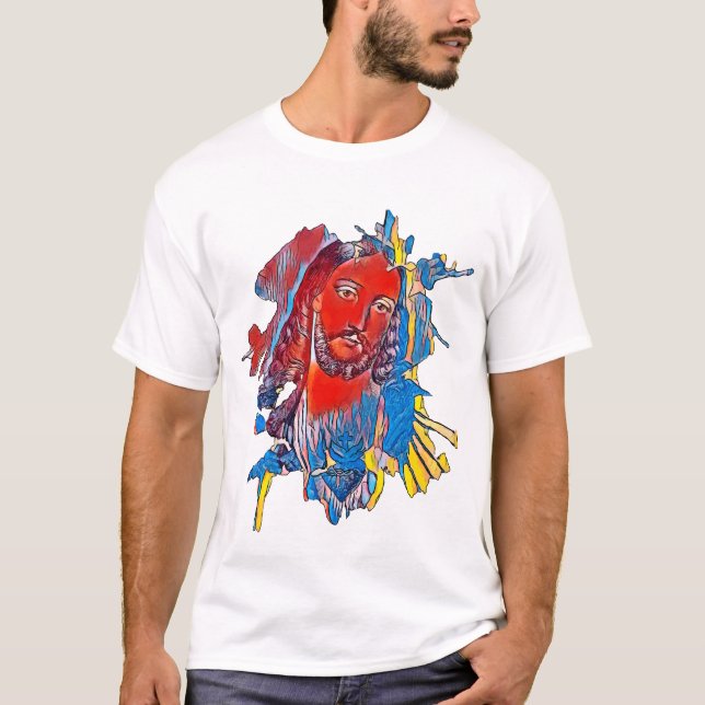 Camiseta Jesus Cristo Enfrentado Cardíaco Sagrado Arte Abst (Frente)