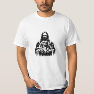 Camiseta Jesus Cristo segurando ilustração artística do mun