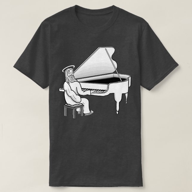 Camiseta Jesus Cristo tocando piano de cauda (Frente do Design)