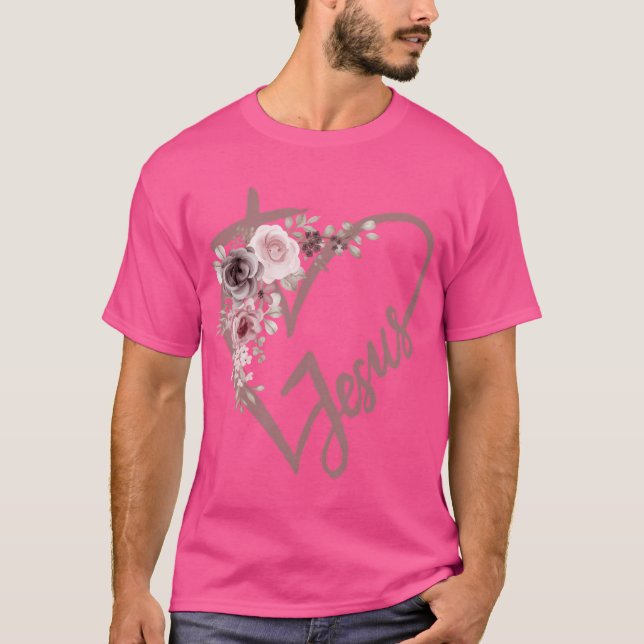 Camiseta Jesus Cruz com Flores - Pastel (Frente)