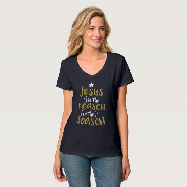 Camiseta Jesus É A Razão Do Natal Dourado Da Época  (Frente Completa)
