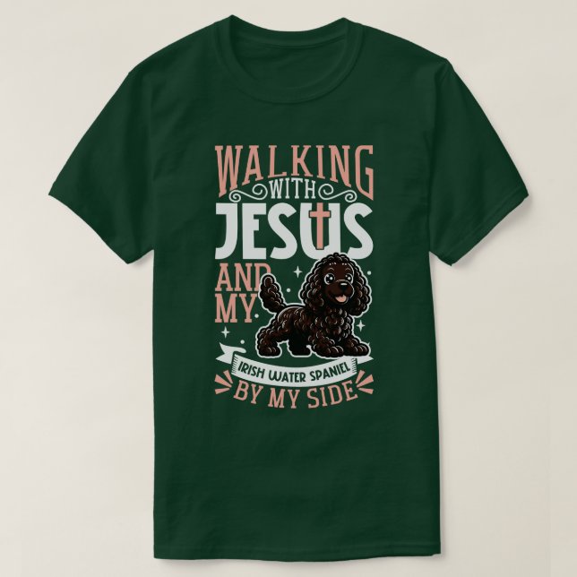 Camiseta Jesus e cão Irish Water Spaniel (Frente do Design)