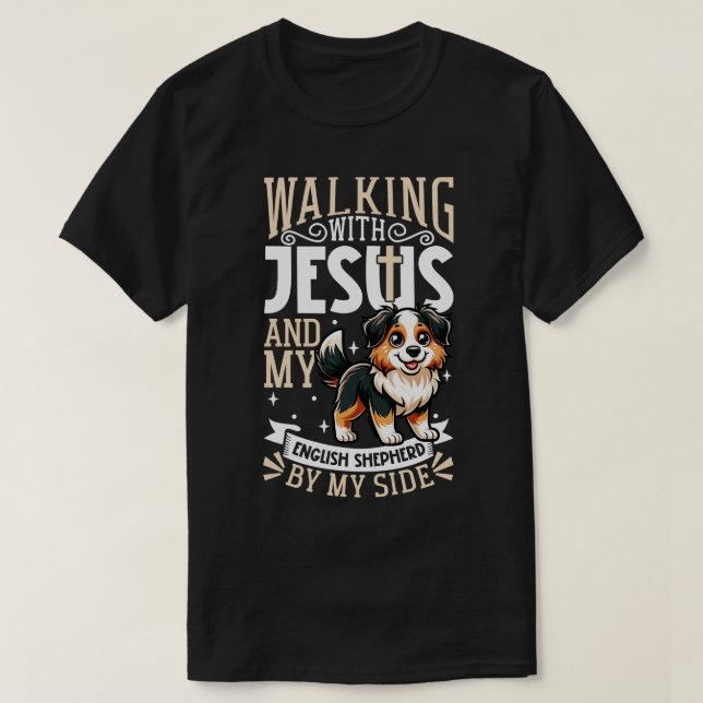 Camiseta Jesus e cão - Pastor inglês (Frente do Design)