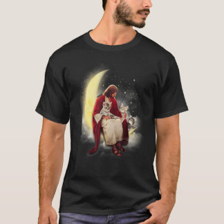 Camiseta Jesus e Gatos bonitos sentam-se na lua para o Gato