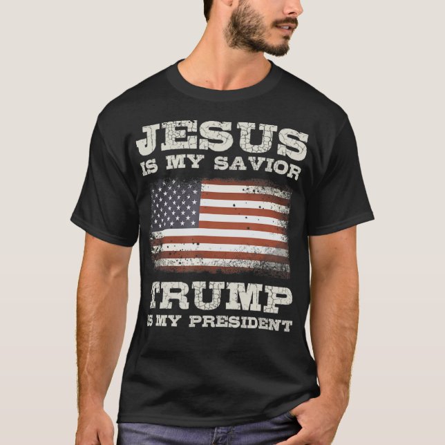 Camiseta Jesus é meu salvador, Trump é meu presidente T-Shi (Frente)
