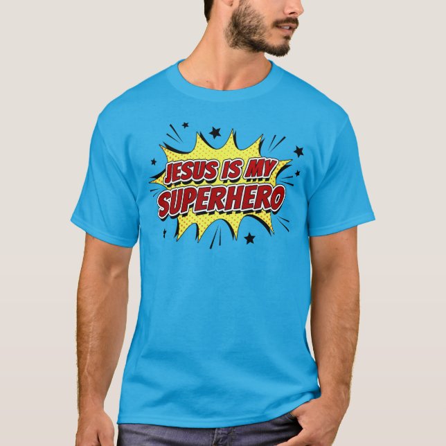 Camiseta Jesus é o meu super-herói Crianças e Adultos Fé Cr (Frente)