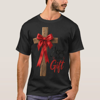 Camiseta Jesus É o Presente Cruz de Madeira Cristã de Natal