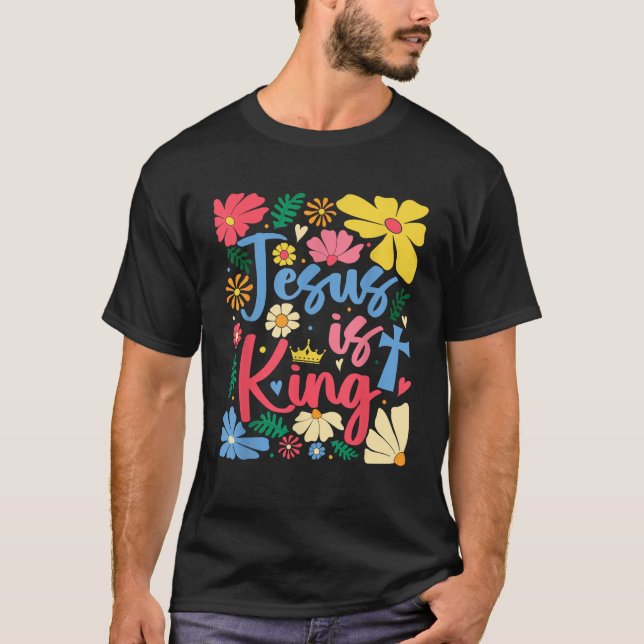 Camiseta Jesus é rei Boho flores cristãs Deus religioso (Frente)