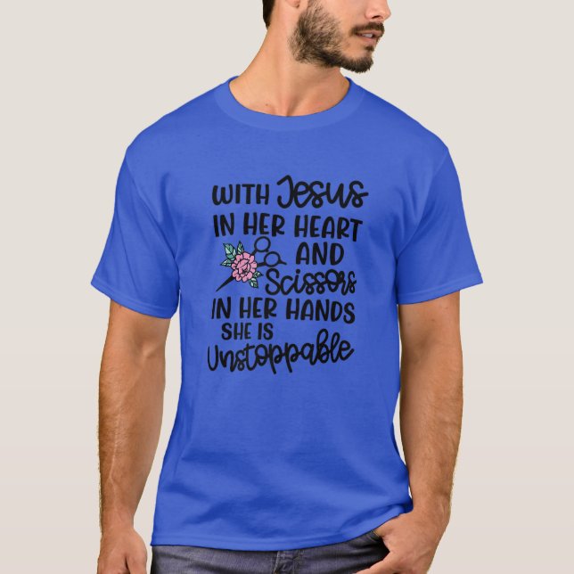 Camiseta Jesus Em Sua Tesoura Cardíaca Nas Mãos Hairstyli (Frente)